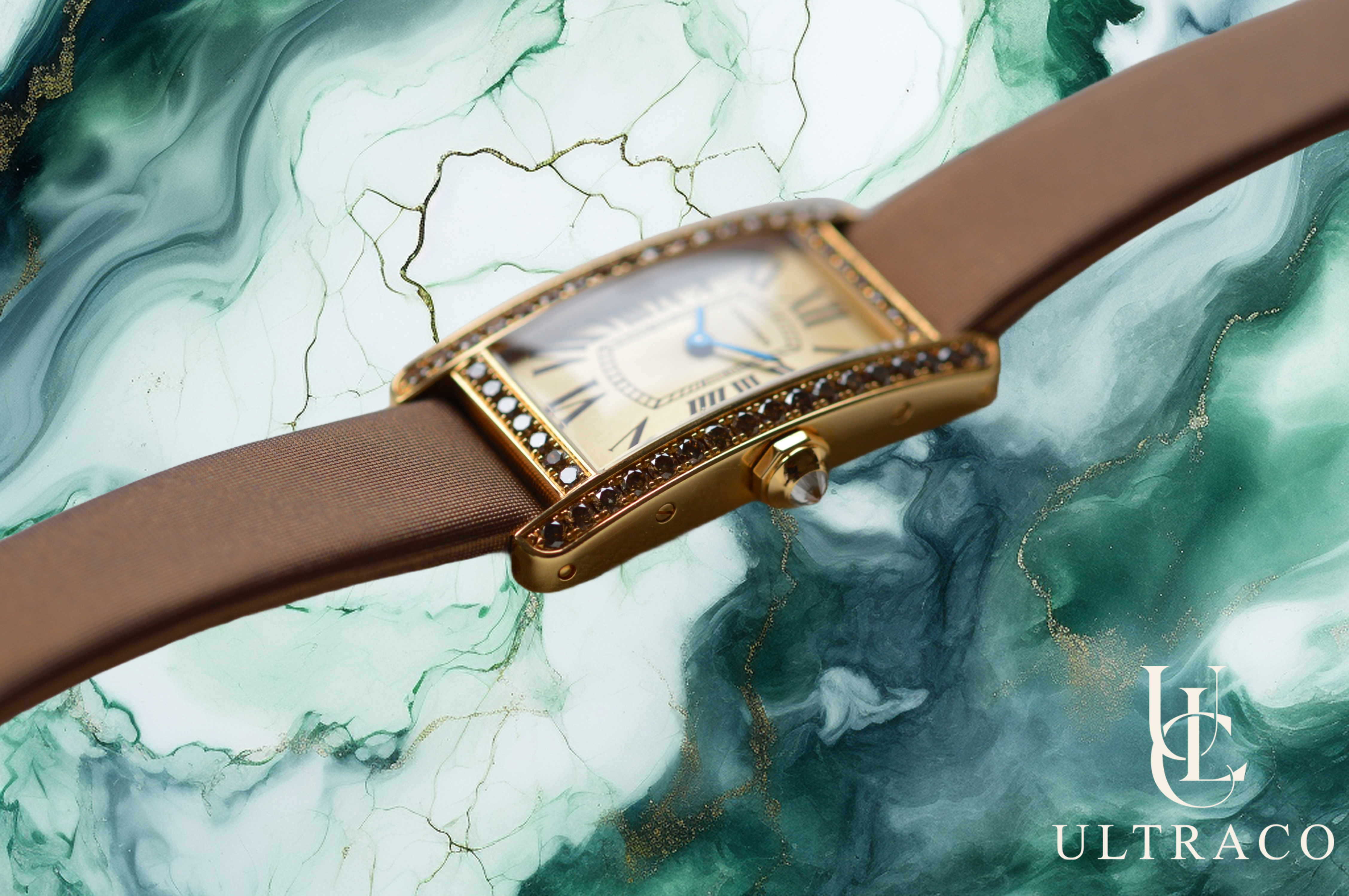 Cartier Tank Américaine PM 18K Yellow Gold & Diamond Bezel Brown Strap