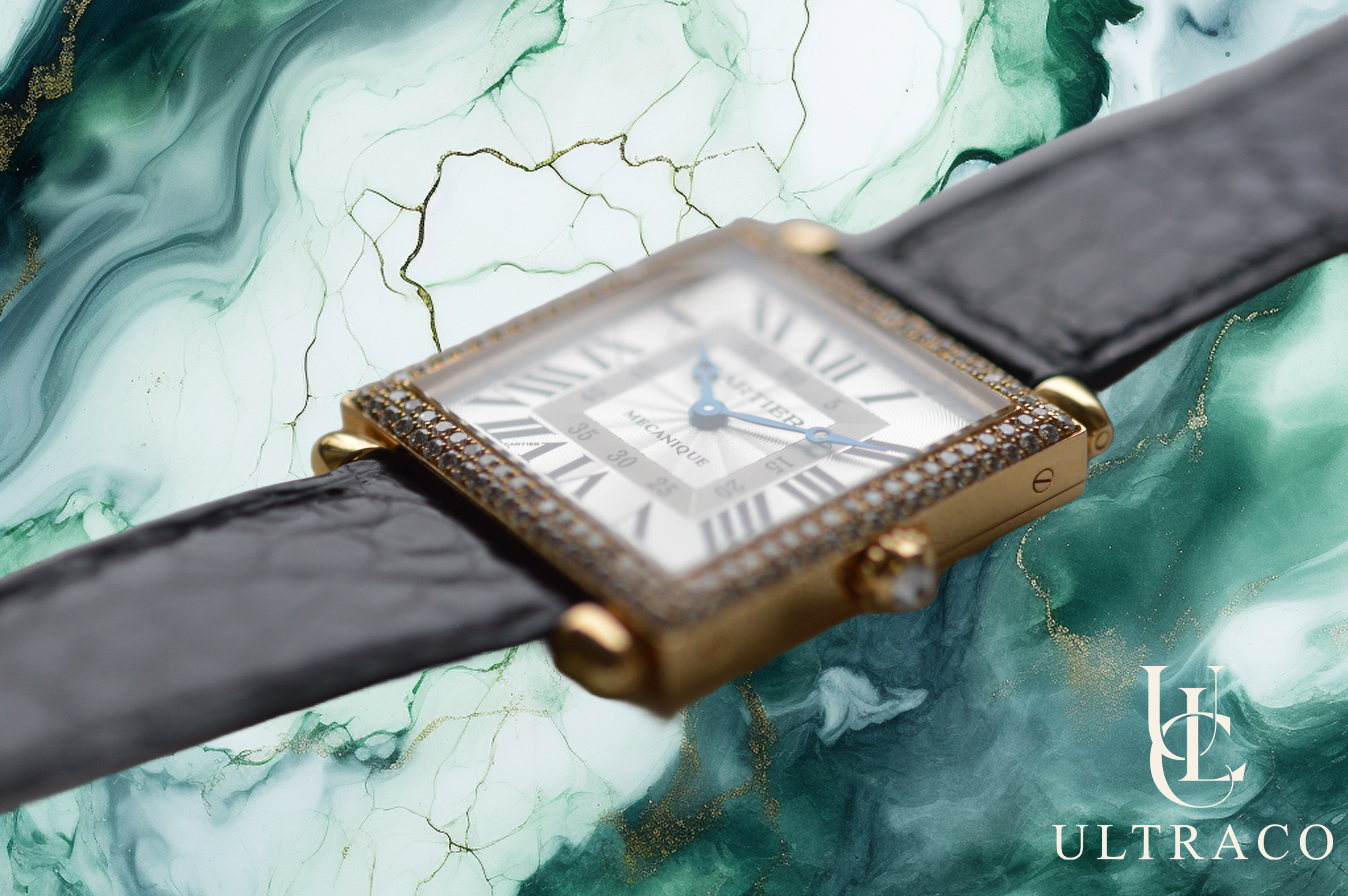 Cartier Tank Carrée Tank Obus 18K Yellow Gold Diamond Bezel Mechanical