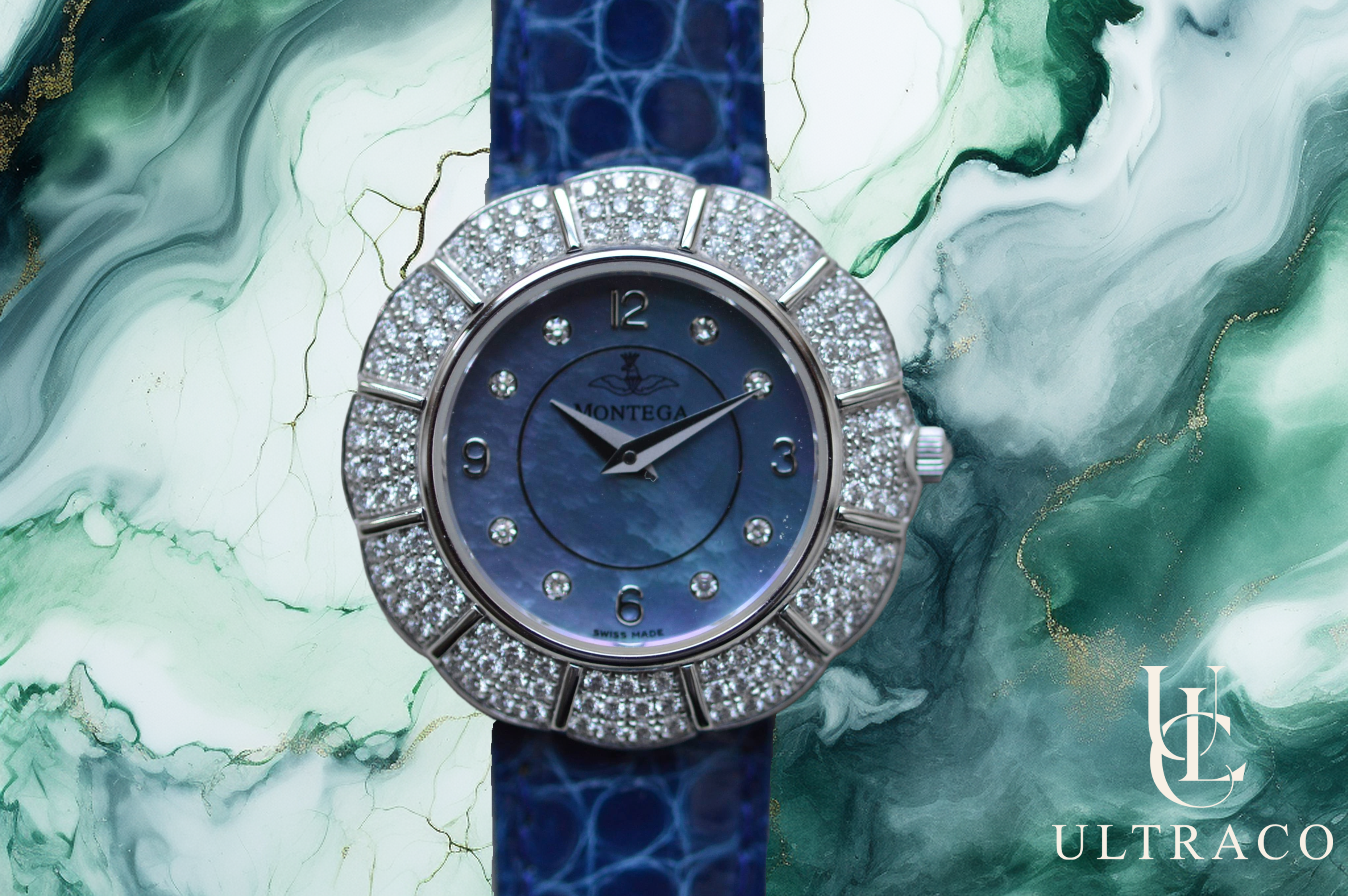 Montega Marguerite White Gold MOP Blue Dial & Pave Diamond Bezel