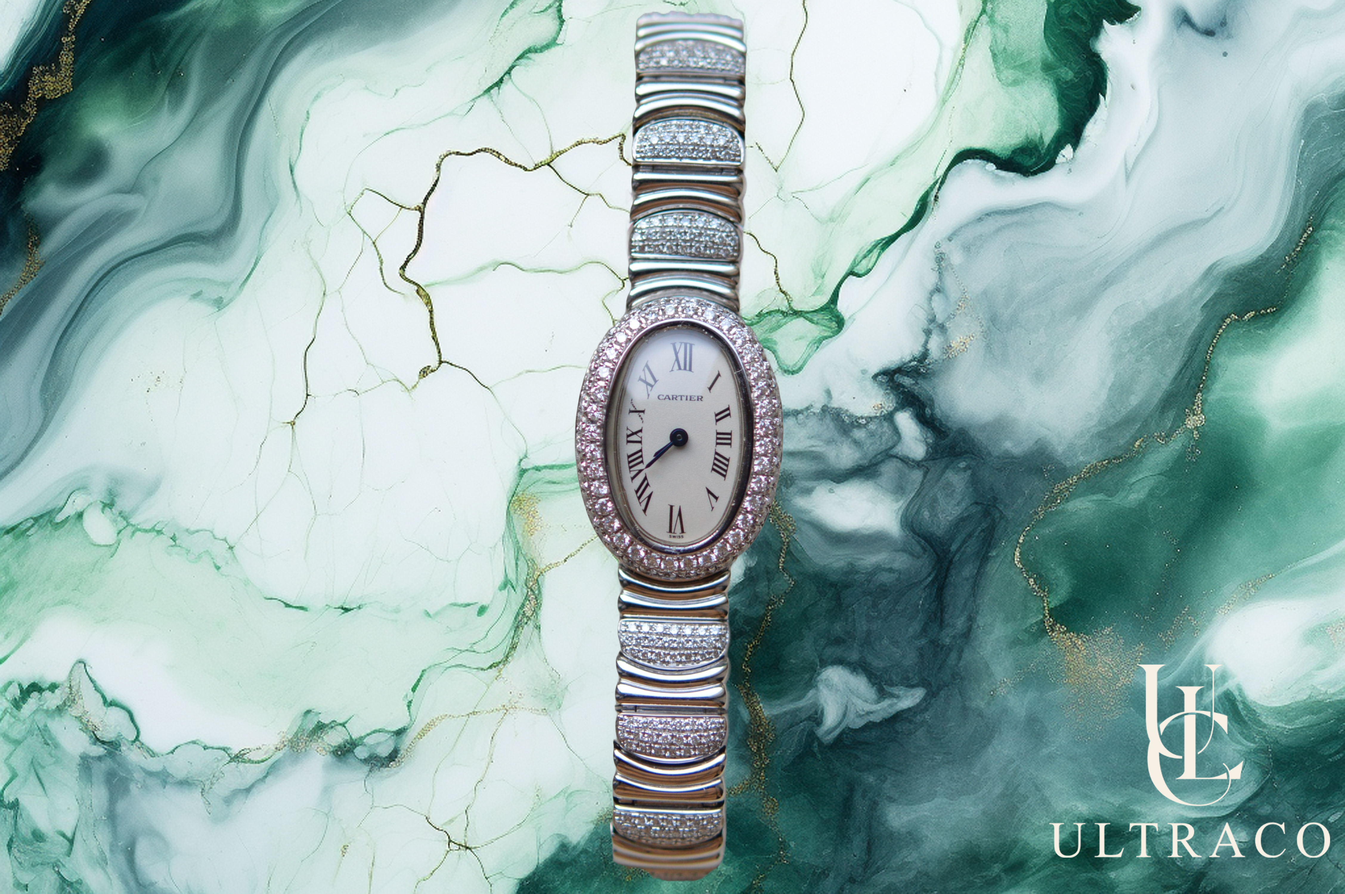 Cartier Mini Baignoire 18K Grey Gold Diamond Bezel & Bracelet