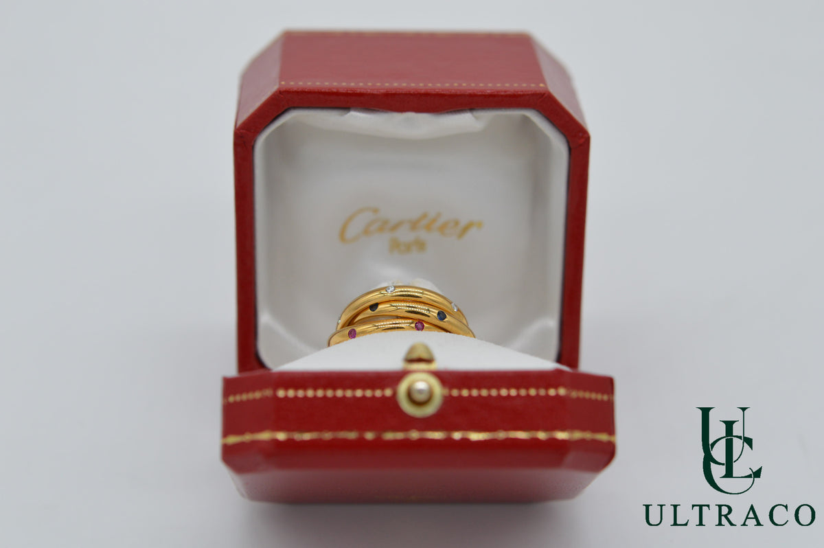 Cartier Trinity Ruby, Saphir & Diamond 18K Yellow Gold Ring