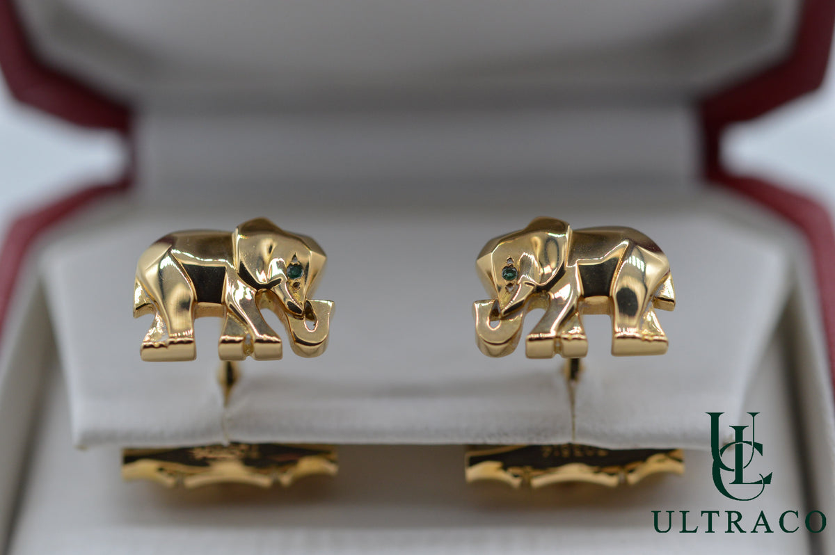 Cartier Elephant Cufflinks With Emerald Eyes In 18K Yellow Gold