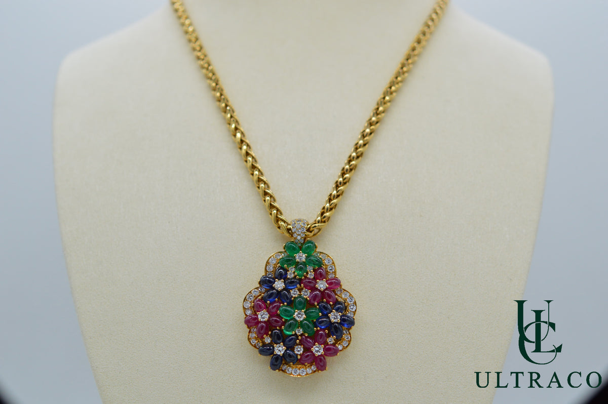Pendant With Diamonds, Emeralds, Rubies & Sapphires Cabochon in 18K Yellow Gold