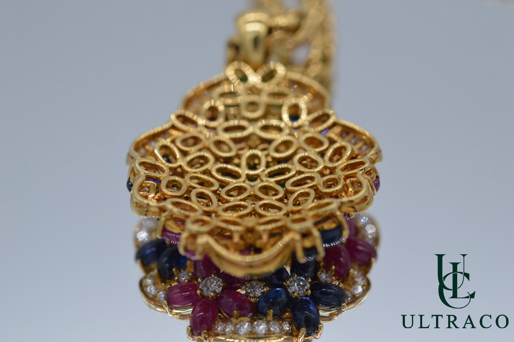 Pendant With Diamonds, Emeralds, Rubies & Sapphires Cabochon in 18K Yellow Gold