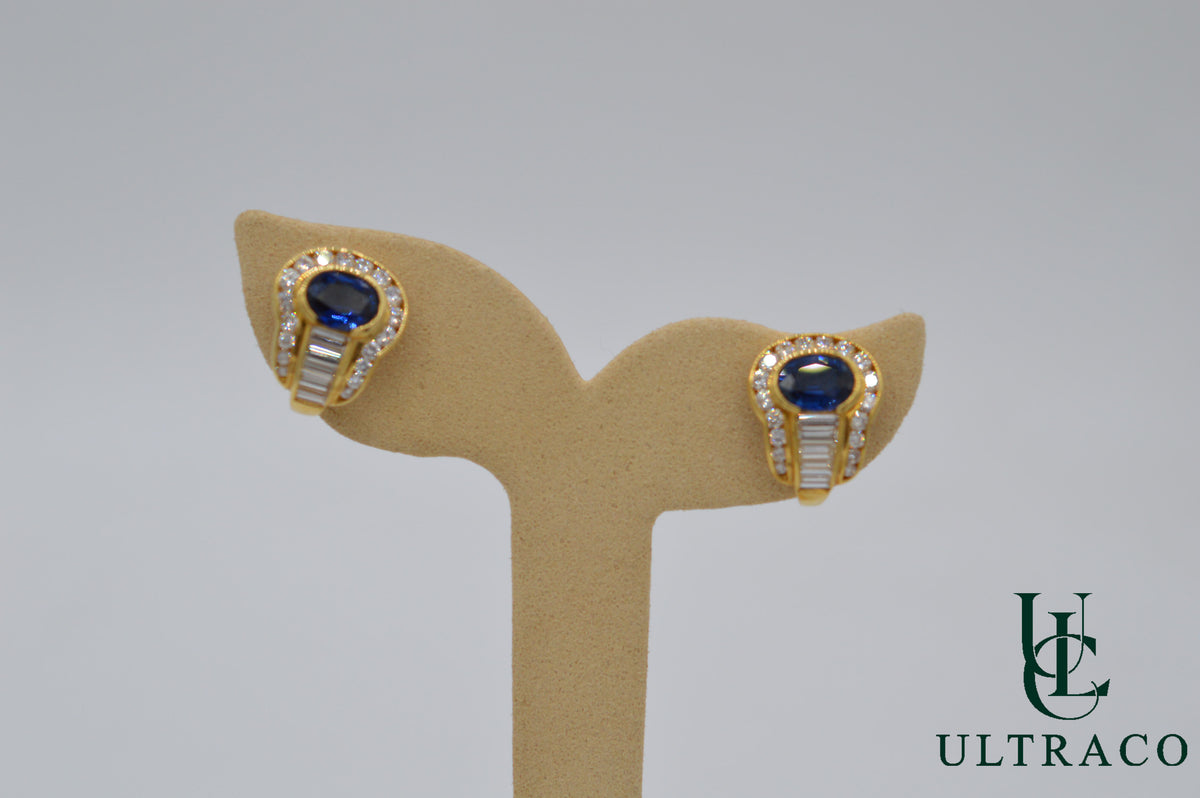 Blue Sapphire With Round Diamonds In 18K Yellow Gold Earrings