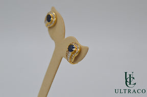 Blue Sapphire With Round Diamonds In 18K Yellow Gold Earrings