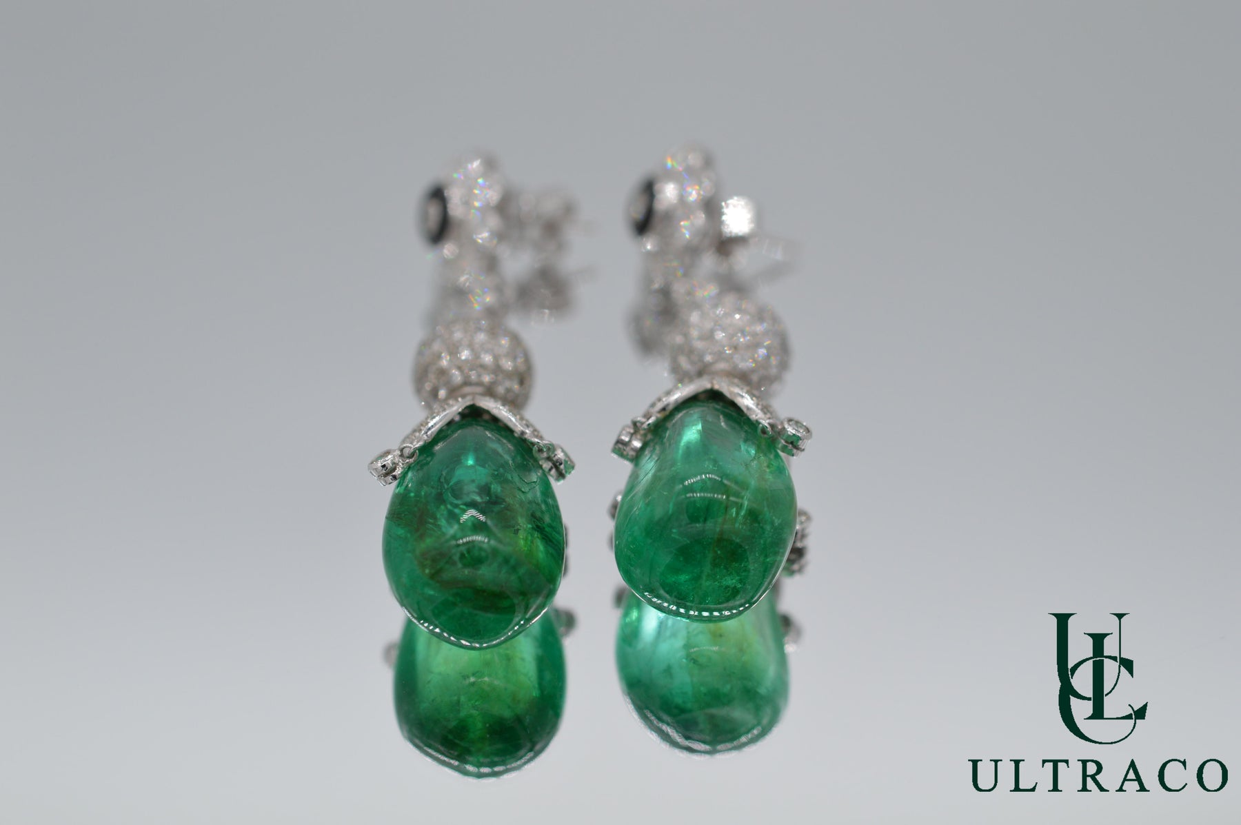 Colombian Emerald Cabochon Drops Set With Diamonds