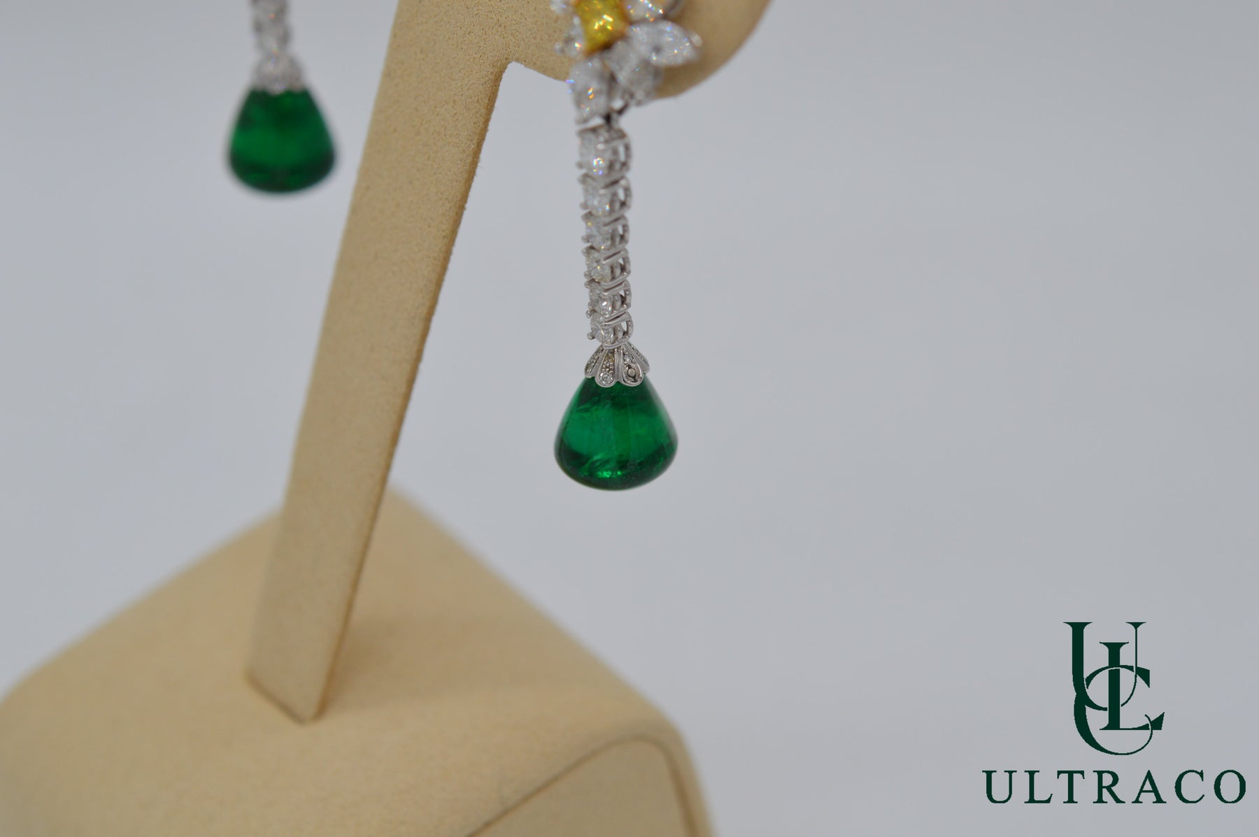 Sandawana Emerald Cabochon Drops Set With Fancy Intense Yellow Diamonds Earrings