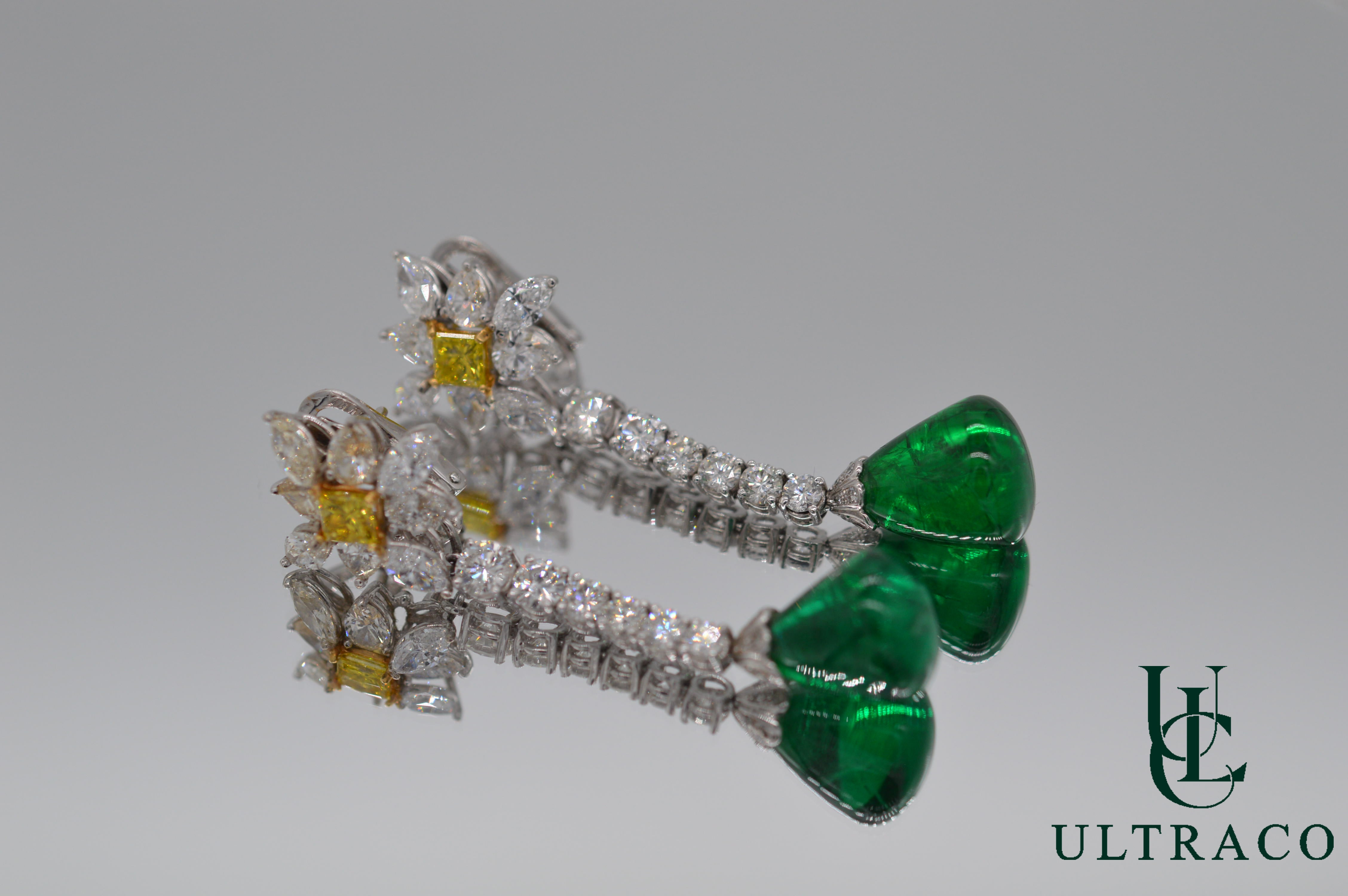 Sandawana Emerald Cabochon Drops Set With Fancy Intense Yellow Diamonds Earrings