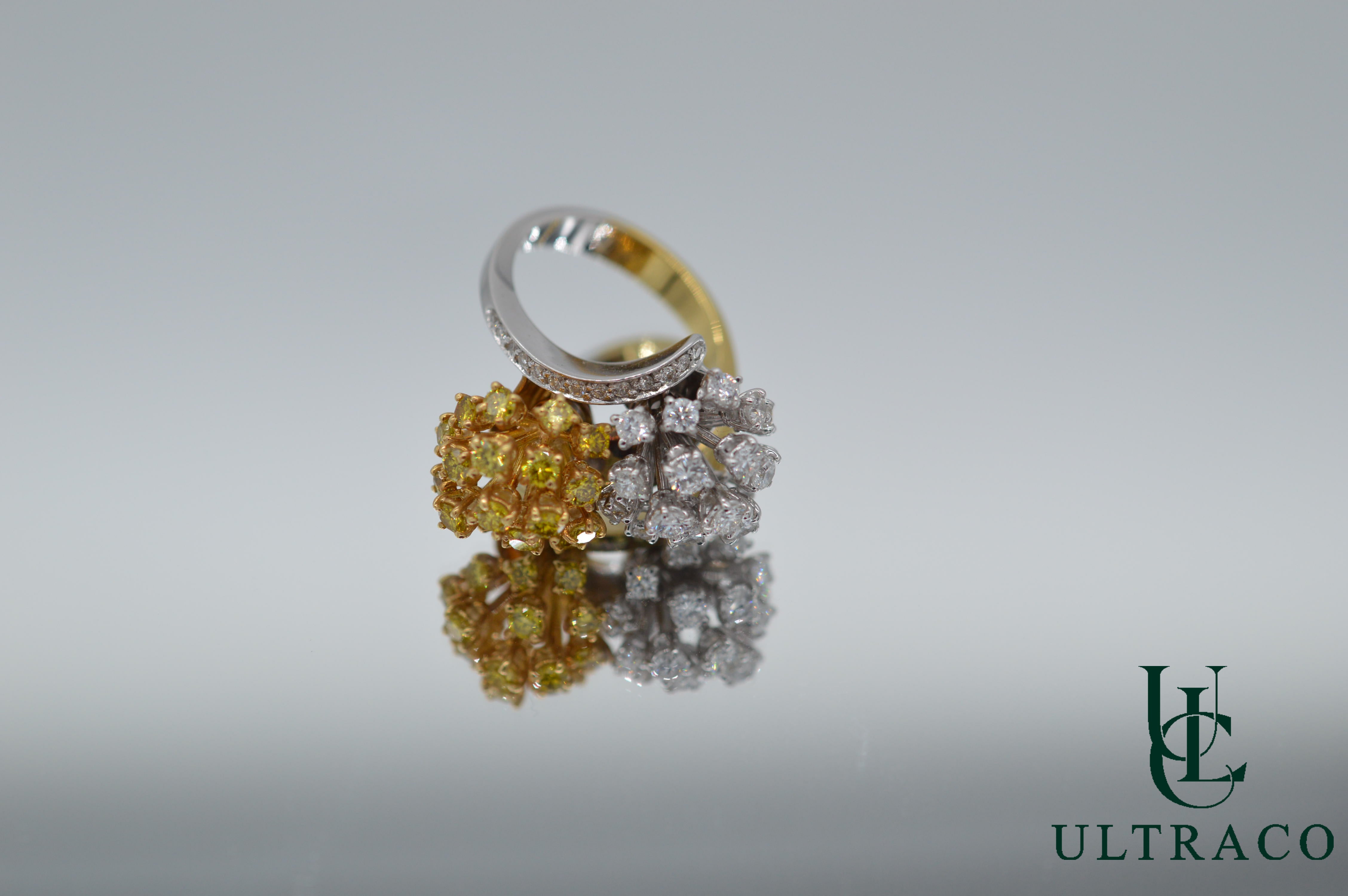 Motif de fleurs en mouvement avec diamants blancs et jaunes dans une bague en or 18 carats