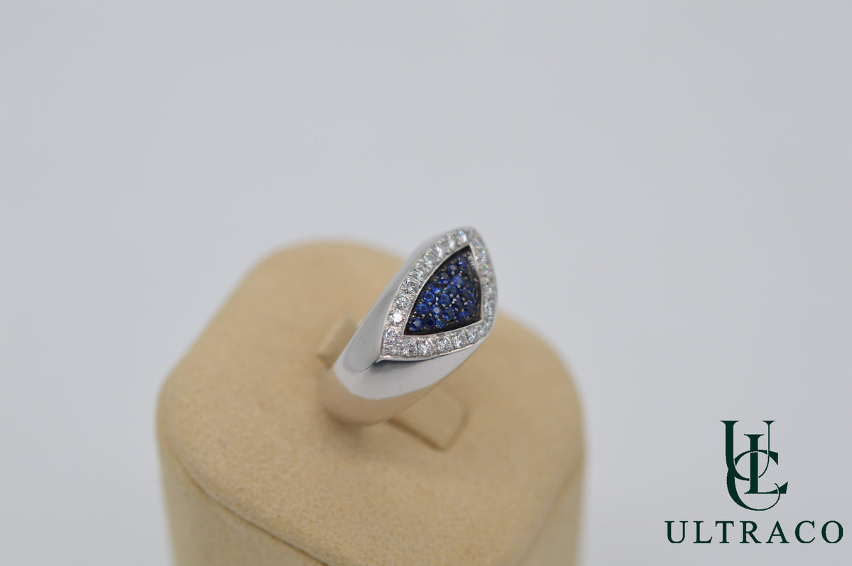 Blue Sapphire & Diamonds Set In 18K White Gold Ring