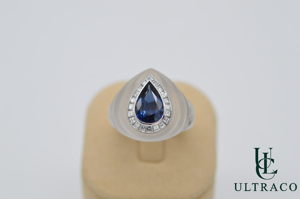 Blue Sapphire Ceylon & Diamonds Set In 18K White Gold & Sapphire Case Ring