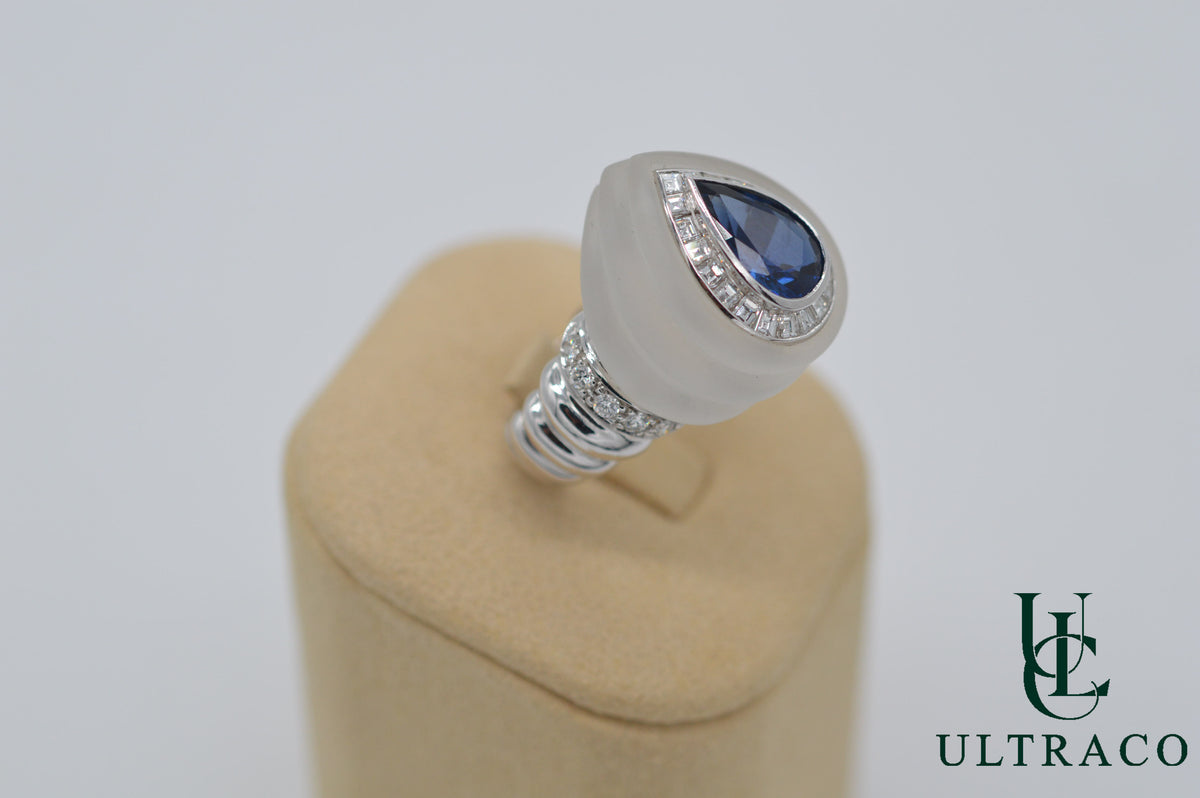 Blue Sapphire Ceylon & Diamonds Set In 18K White Gold & Sapphire Case Ring