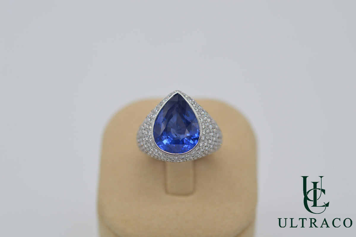 Blue Sapphire Ceylon & Diamonds Set In 18k White Gold Ring