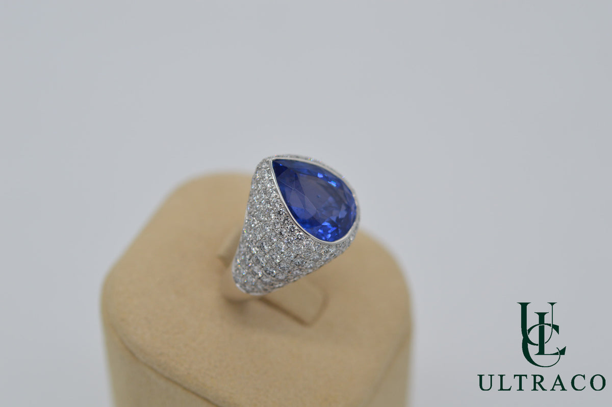 Blue Sapphire Ceylon & Diamonds Set In 18k White Gold Ring