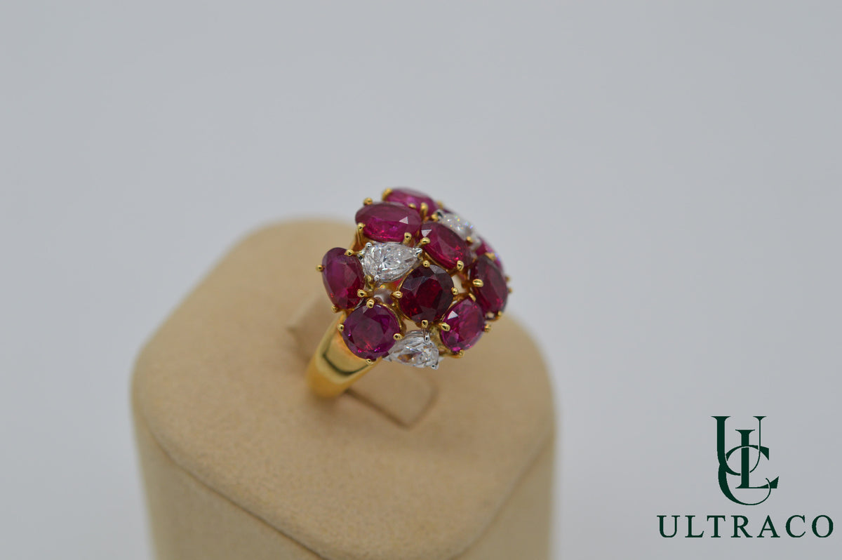 Burmese Ruby With Diamonds Flower Patern In 18K White Gold Ring