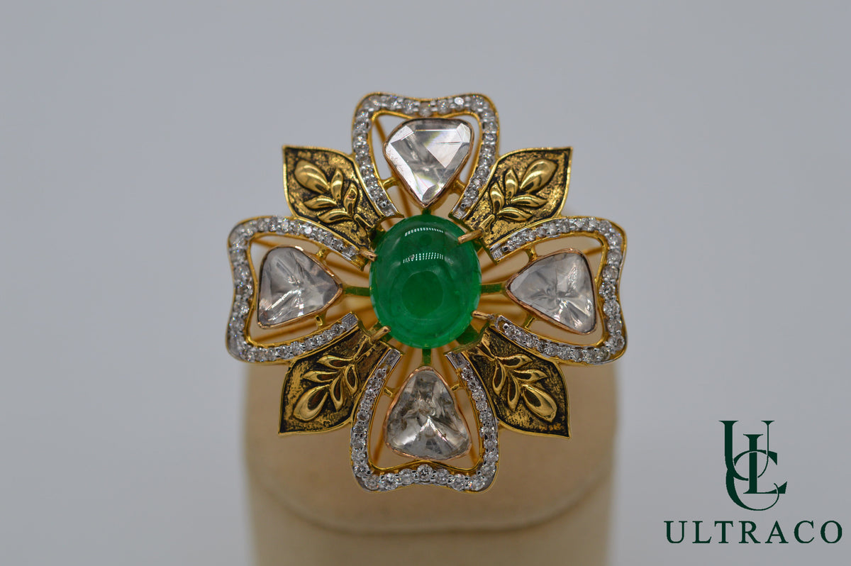 Colombian Emerald With Polki Diamond Mounted On A Flower 22K Yellow Gold Ring
