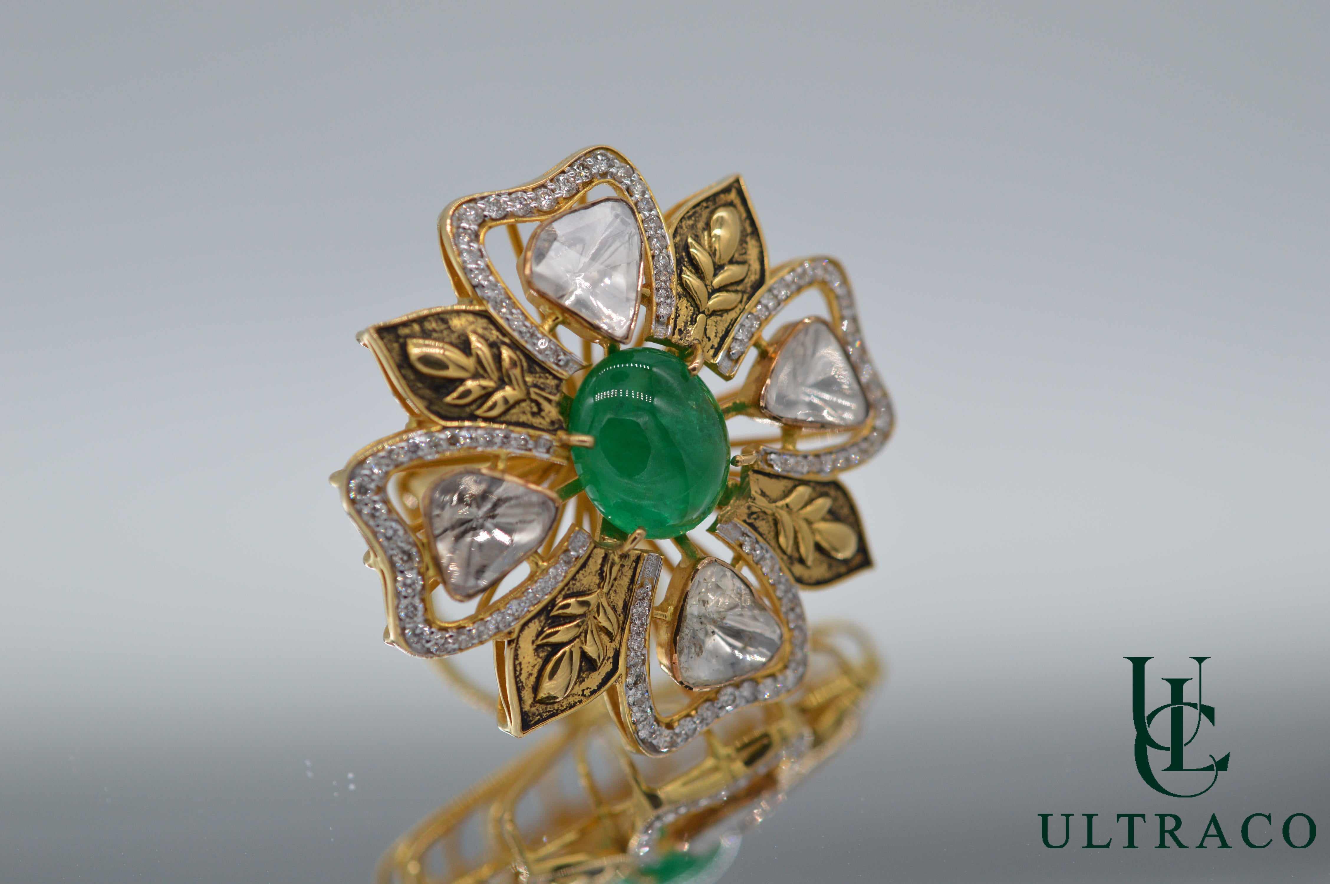 Colombian Emerald With Polki Diamond Mounted On A Flower 22K Yellow Gold Ring