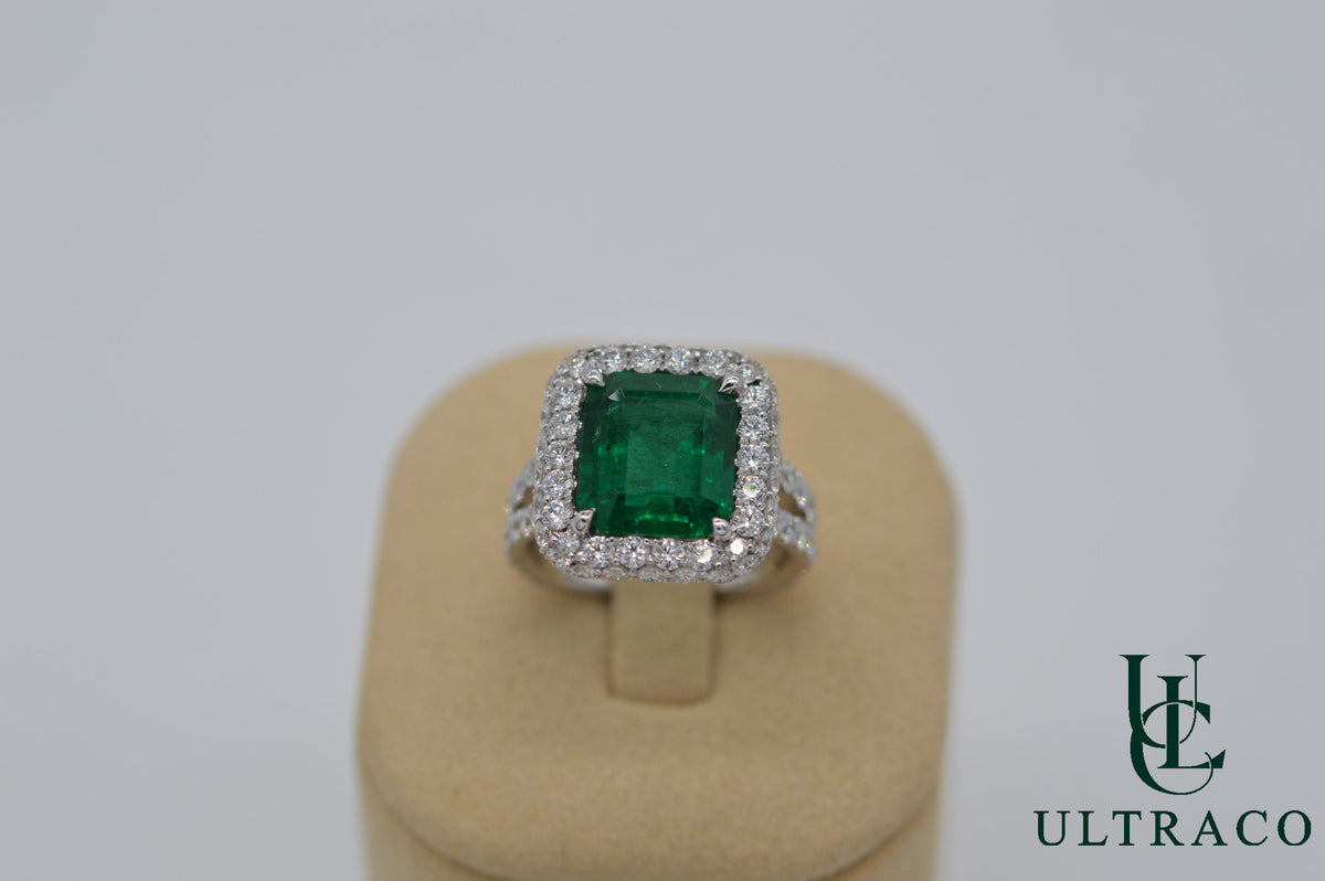 Zambian Emerald With Diamonds Set In 18K White Gold Ring