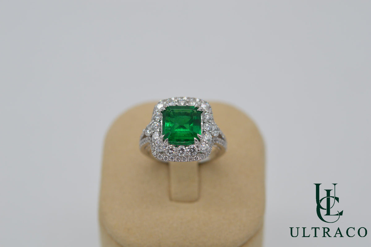 Panshir Emerald With Diamonds Set In 18K White Gold Ring