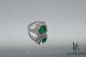 Panshir Emerald With Diamonds Set In 18K White Gold Ring