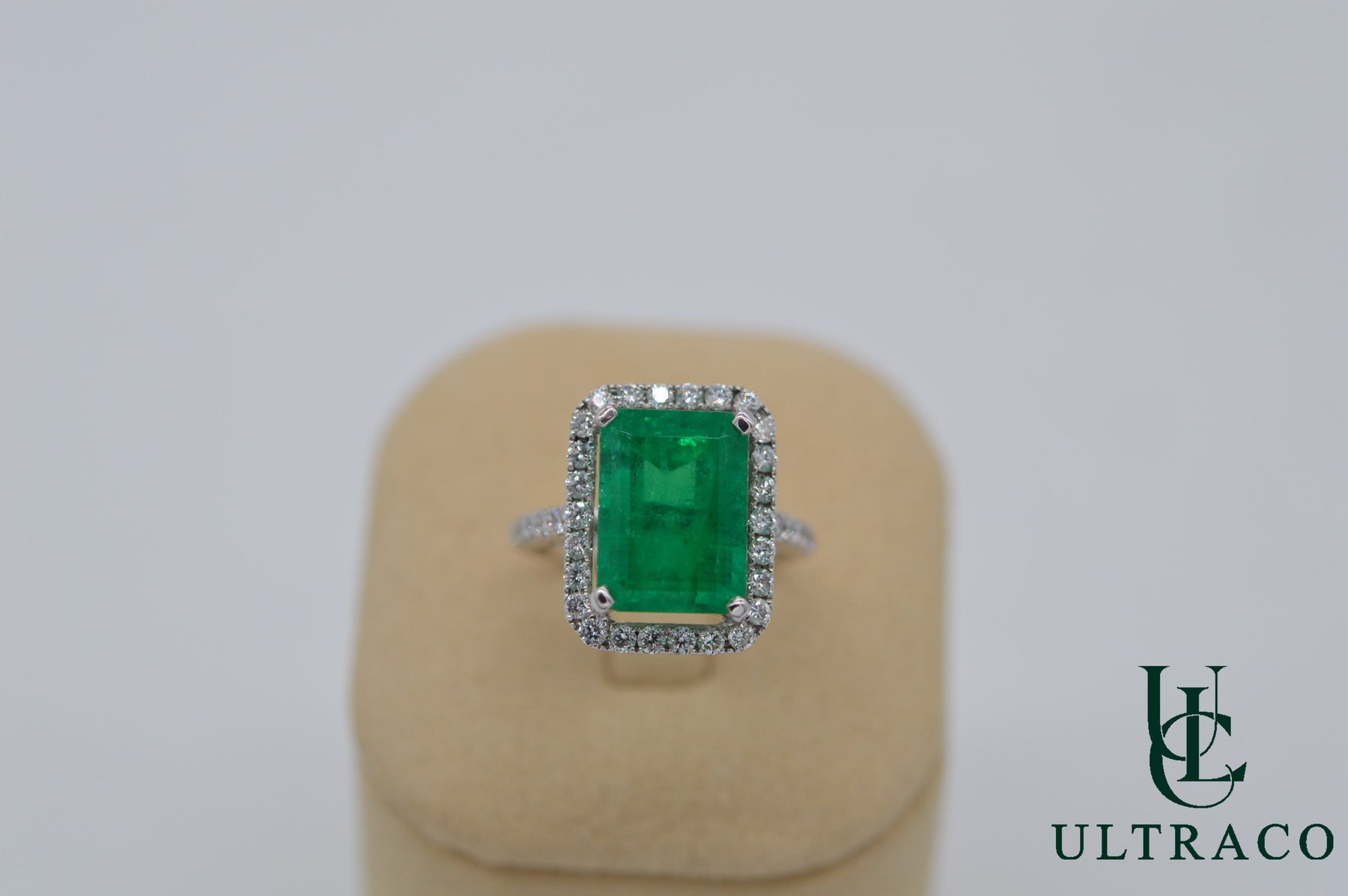 Colombian Emerald With Diamonds Set In 18K White Gold Ring