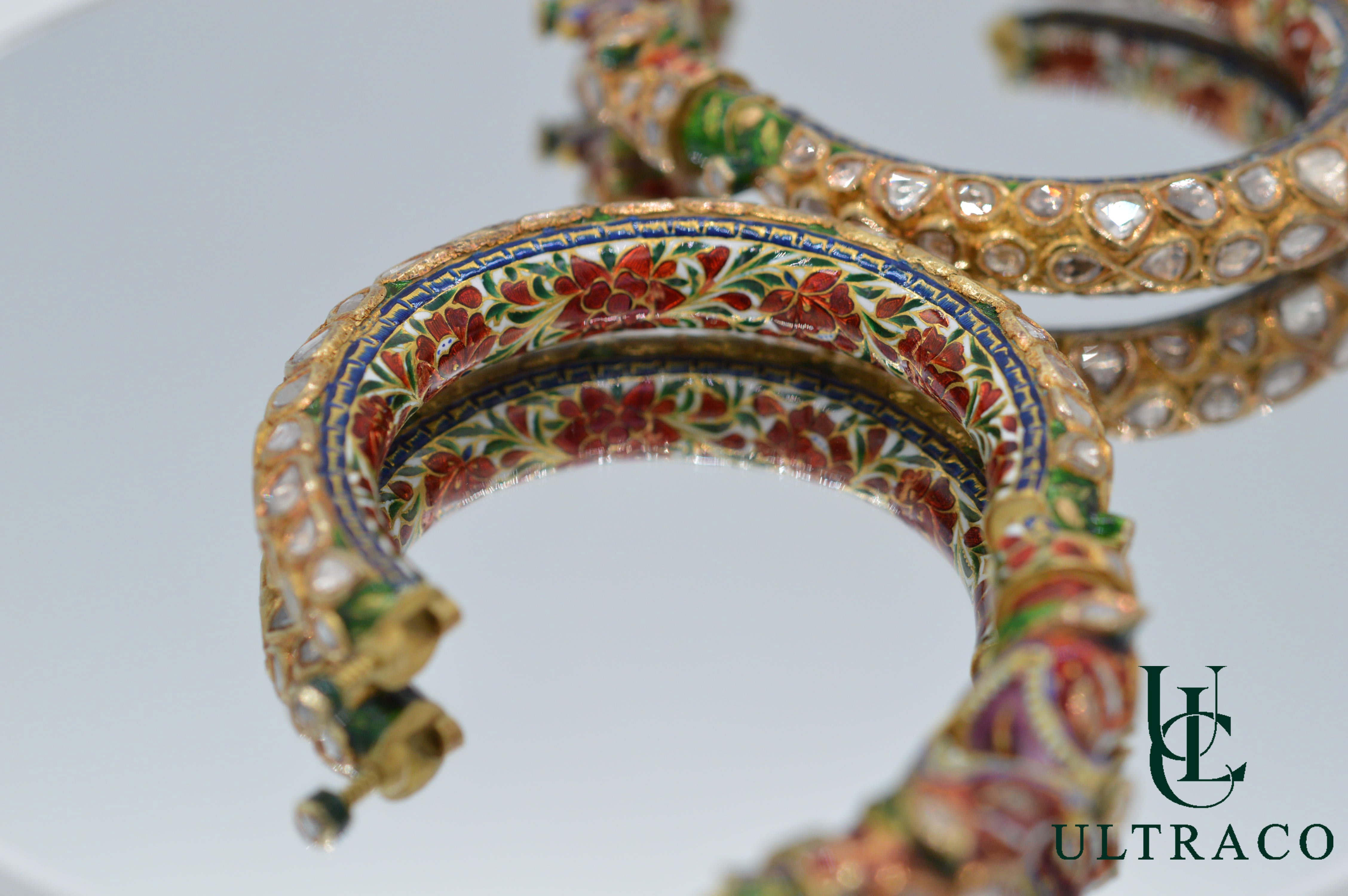 Antique Dragon Bangle Set With Polki Diamonds & Red,Green,White Enamel Set Of 2