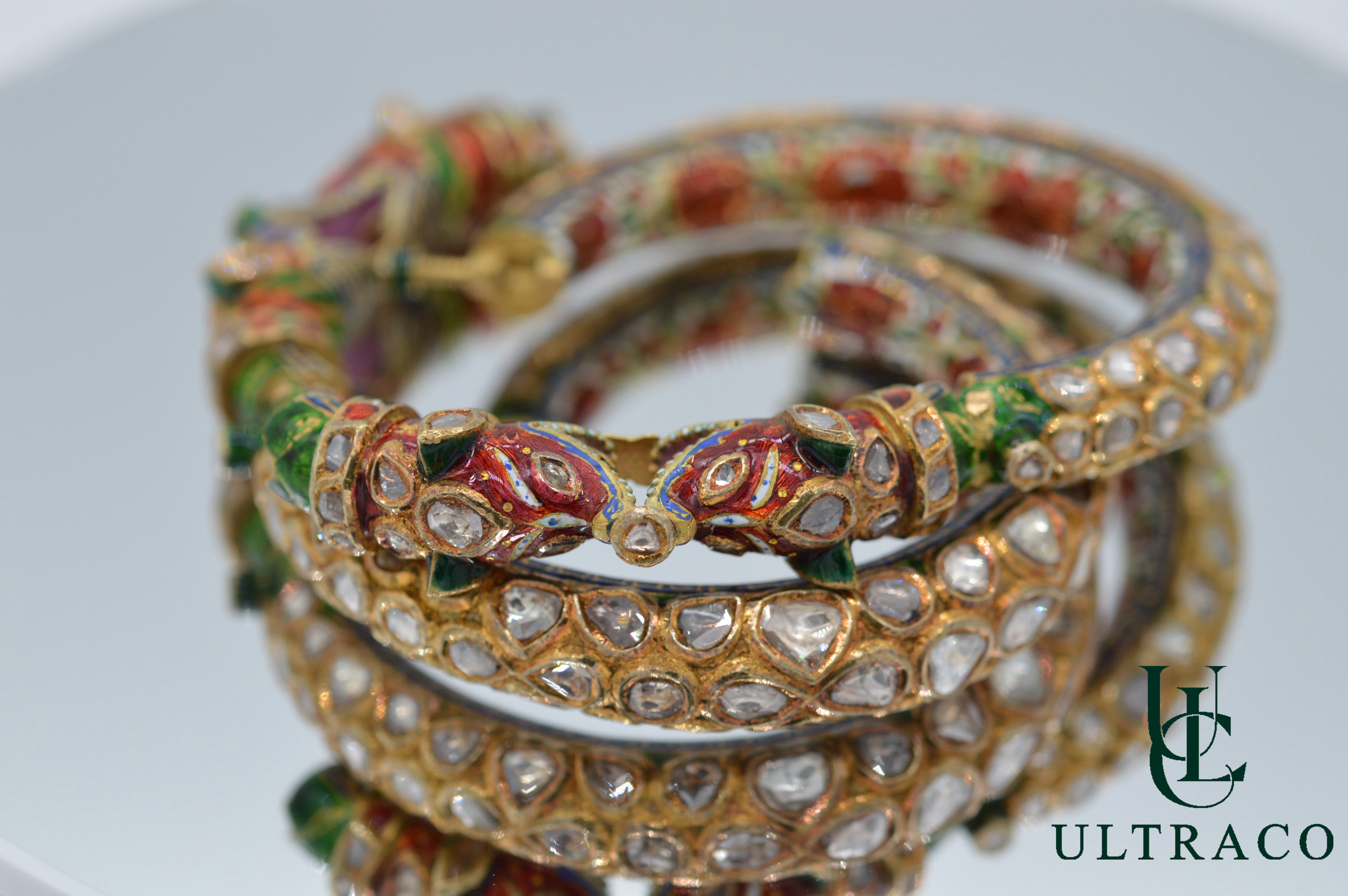 Antique Dragon Bangle Set With Polki Diamonds & Red,Green,White Enamel Set Of 2