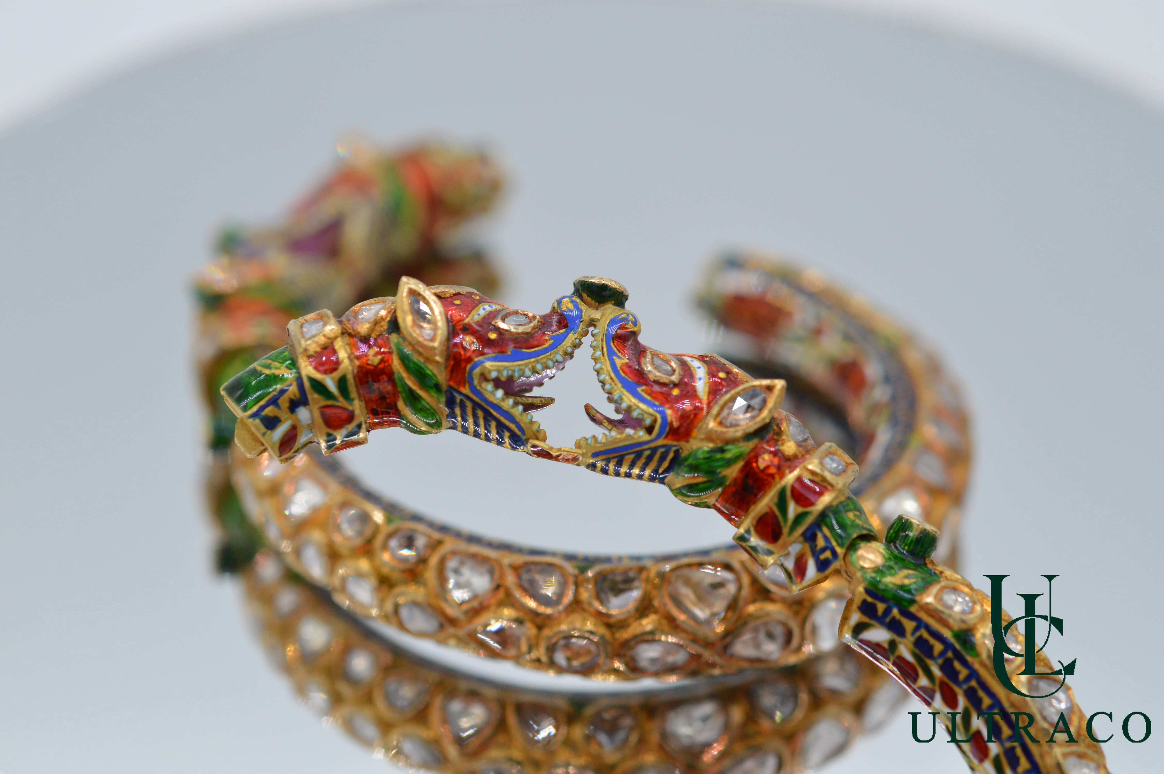 Antique Dragon Bangle Set With Polki Diamonds & Red,Green,White Enamel Set Of 2