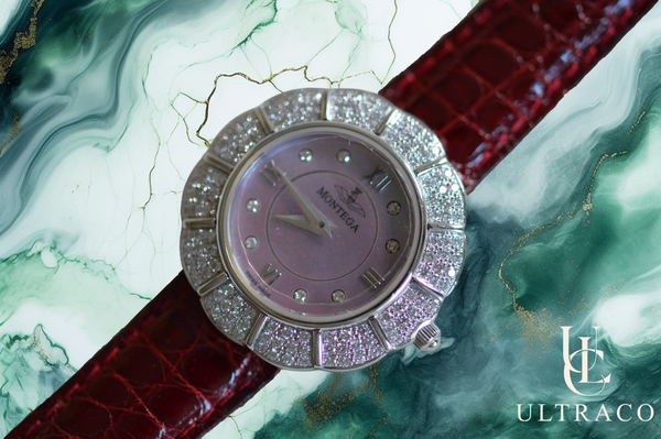 Montega Marguerite White Gold MOP Orange Dial & Pave Diamond Bezel