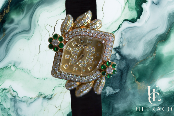 Montega Yellow Gold Pave Emerald Flowers, Diamond Dial & Bezel