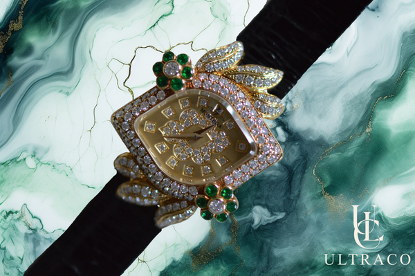 Montega Yellow Gold Pave Emerald Flowers, Diamond Dial & Bezel