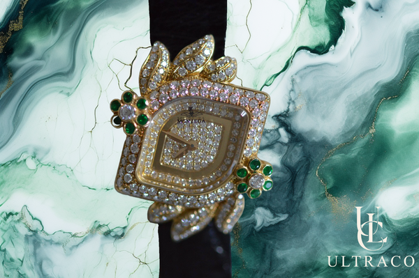 Montega Yellow Gold Pave Emerald Flowers, Diamond Dial & Bezel