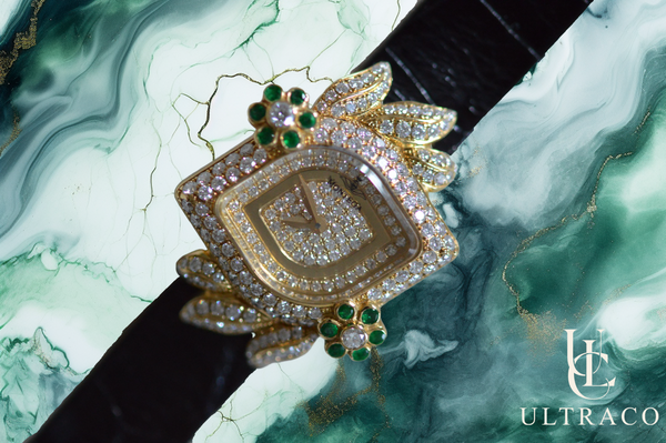 Montega Yellow Gold Pave Emerald Flowers, Diamond Dial & Bezel