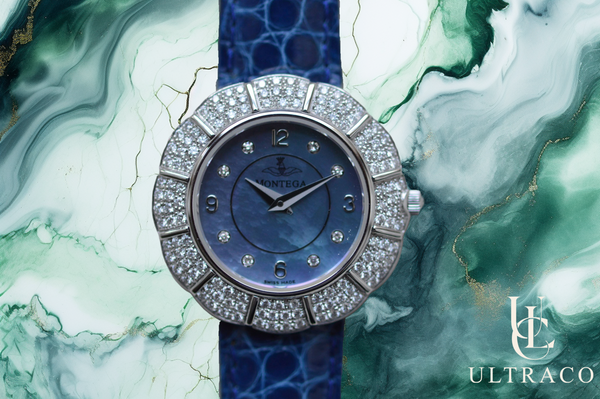 Montega Marguerite White Gold MOP Blue Dial & Pave Diamond Bezel