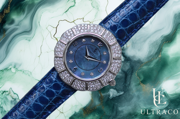 Montega Marguerite White Gold MOP Blue Dial & Pave Diamond Bezel