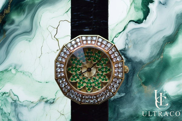 Montega Yellow Gold, Emerald Petal Dial & Pave Diamond Bezel