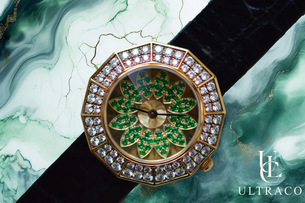 Montega Yellow Gold, Emerald Petal Dial & Pave Diamond Bezel