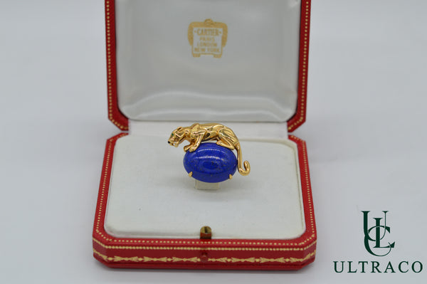 Cartier Panthère Lapis Lazuli & Emerald Eye 18K Yellow Gold Brooch