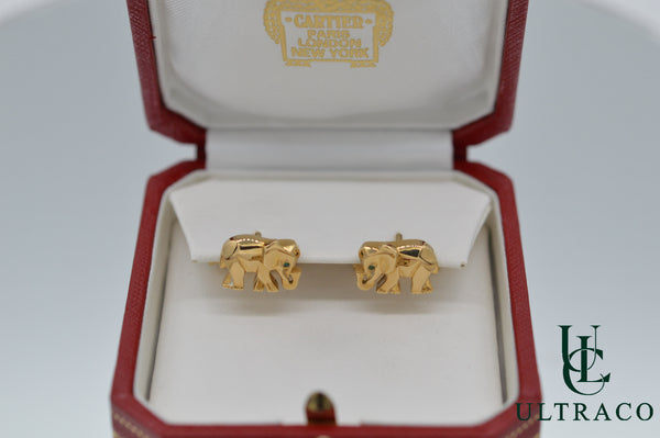 Cartier Elephant Cufflinks With Emerald Eyes In 18K Yellow Gold