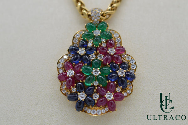 Pendant With Diamonds, Emeralds, Rubies & Sapphires Cabochon in 18K Yellow Gold