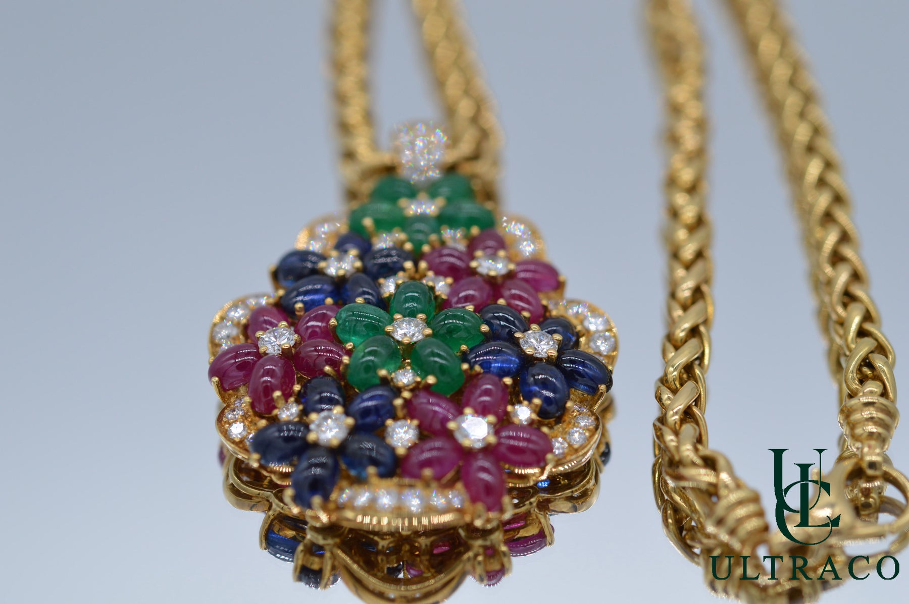 Pendant With Diamonds, Emeralds, Rubies & Sapphires Cabochon in 18K Yellow Gold