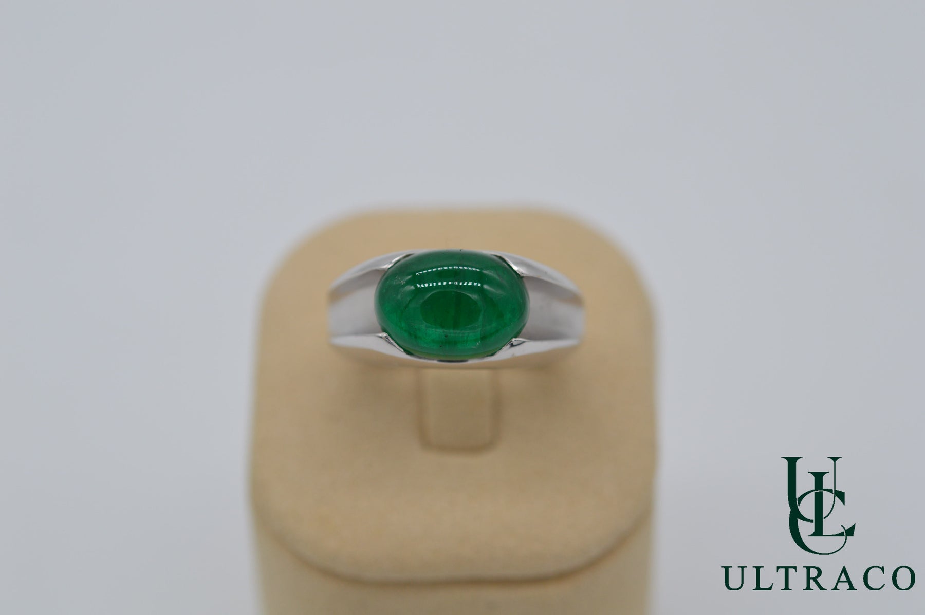 Zambian Emerald Cabochon In 18K White Gold Ring