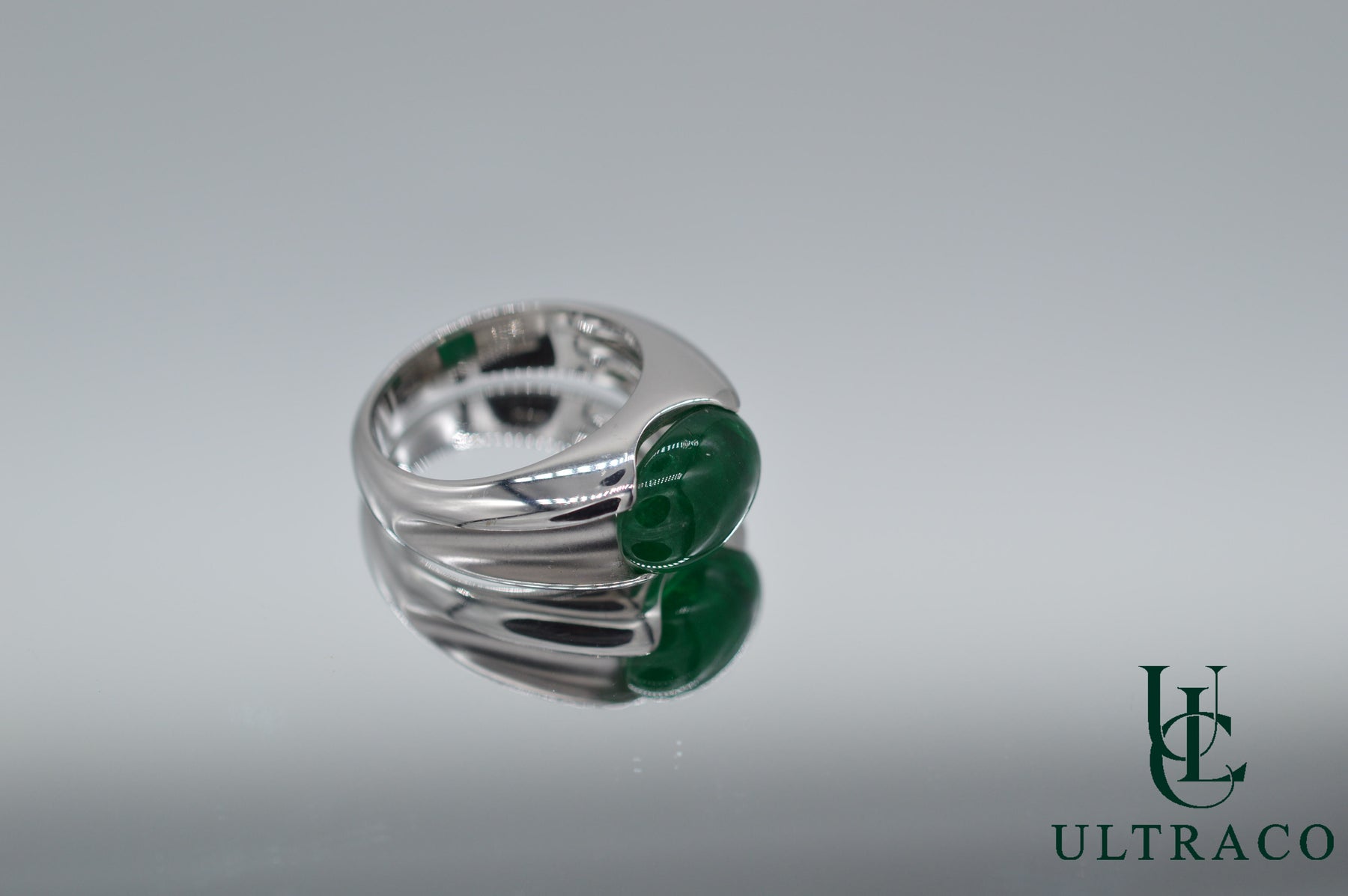 Zambian Emerald Cabochon In 18K White Gold Ring