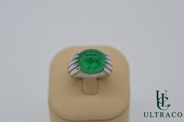 Zambian Emerald Cabochon In 18K White Gold Ring