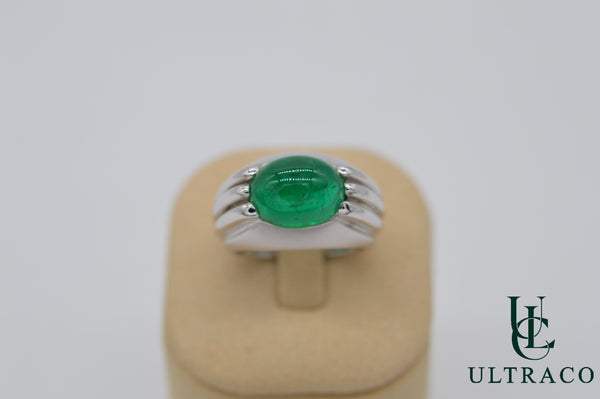 Zambian Emerald Cabochon In 18K White Gold Ring