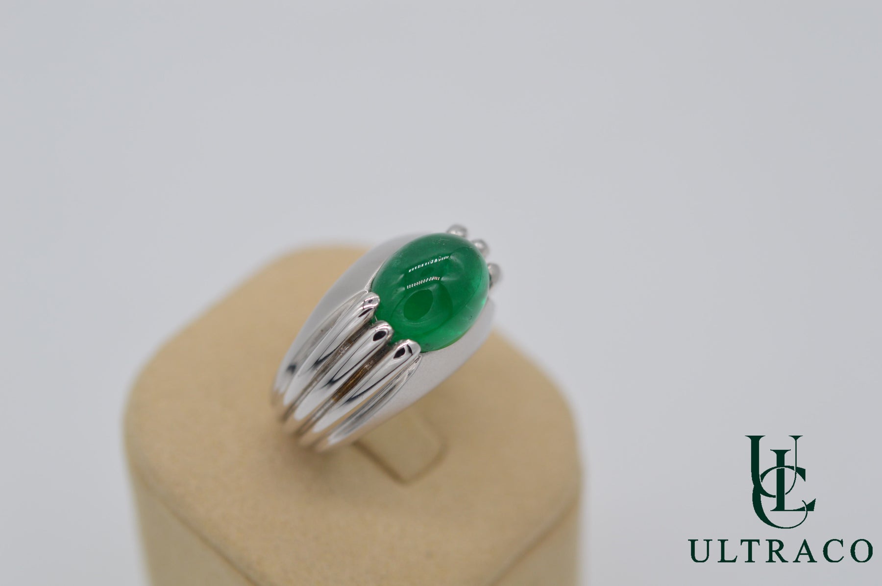 Zambian Emerald Cabochon In 18K White Gold Ring