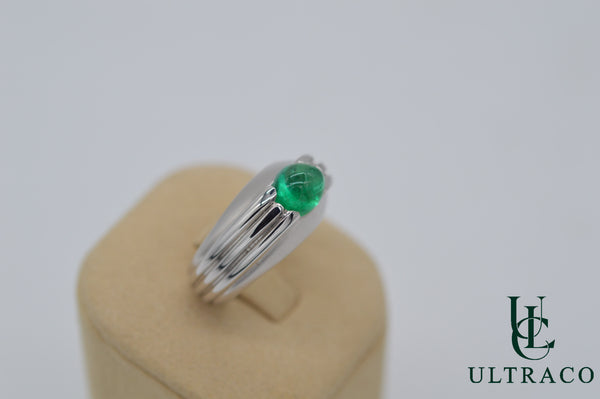 Zambian Emerald Cabochon In 18K White Gold Ring