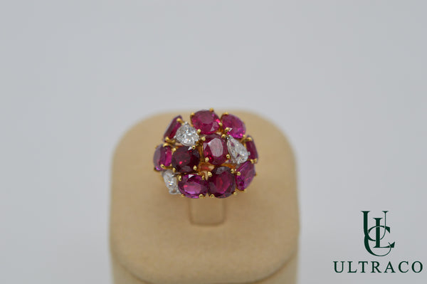 Burmese Ruby With Diamonds Flower Patern In 18K White Gold Ring