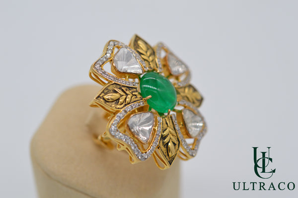 Colombian Emerald With Polki Diamond Mounted On A Flower 22K Yellow Gold Ring